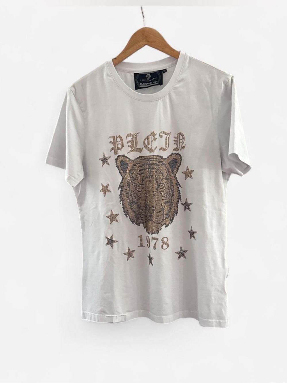 Philipp Plein White Tee rhinestone Gold Tiger Graphic designer made in Italy